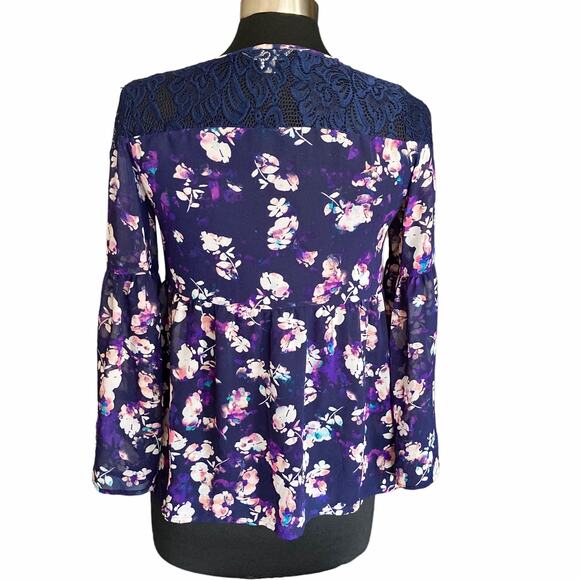 Decree Purple Blue Sheer Top Lace Bell Sleeves SM Y2K Fairy Boho Dark Cottage - Picture 2 of 9